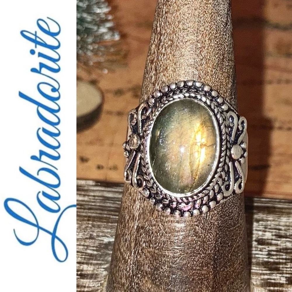 Flashy Labradorite Gemstone Chunky Handmade Shield Armor Ring